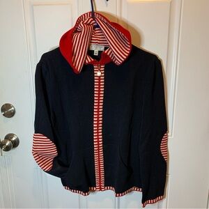 St. John Sport by Marie Gray Nautical Stripe Black Zippered Hooded Sweater Wool